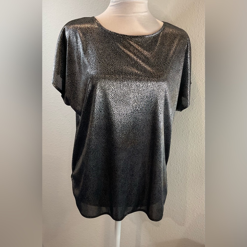 Jessica Michelle Black and Silver Metallic Print Blouse